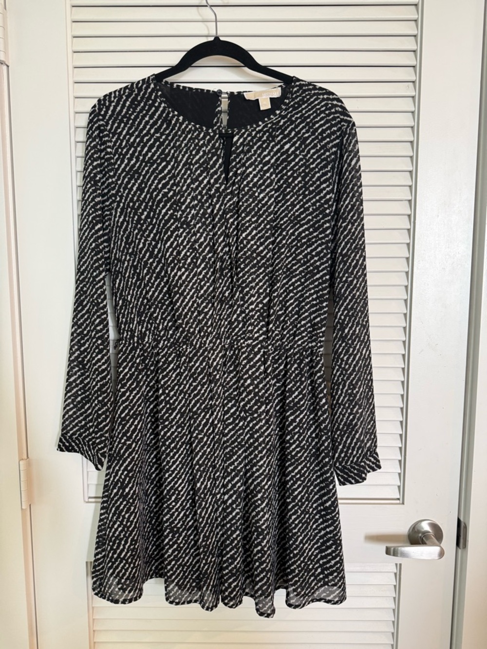 Michael Kors Black and White Long-Sleeve Printed Fit-and-Flare Dress